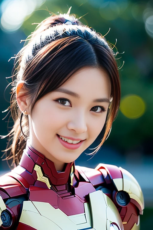 (a gorgeous lady, wearing the
 Iron Man MK 7 Suit, natural pose under night sky, dimpled smile, short ponytail, cute snaggleooth, photorealistic, beautiful detailed eyes, hyper-realism, high contrast, ultra HD, realistic skin textures, top image quality, top-quality, super high resolution, fine details, very meticulously, head to waist, bokeh background)