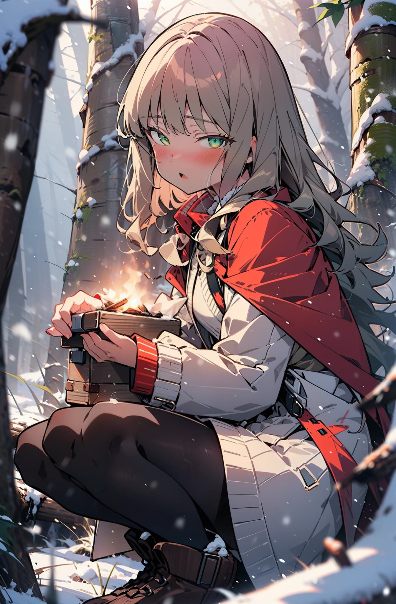 minami yume ,sss Dynazenon ,Long Hair, Brown Hair, (Green Eyes:1.5) ,blush,White Breath,
Open your mouth,snow,Ground bonfire, Outdoor, boots, snowing, From the side, wood, suitcase, Cape, Blurred, forest, White handbag, nature, Squat, Mouth closed, Cape, winter, Written boundary depth, Black shoes, red Cape break looking at viewer, Upper Body, whole body, break Outdoor, forest, nature, break (masterpiece:1.2), Highest quality, High resolution, unity 8k wallpaper, (shape:0.8), (Beautiful and beautiful eyes:1.6), Highly detailed face, Perfect lighting, Highly detailed CG, (Perfect hands, Perfect Anatomy),