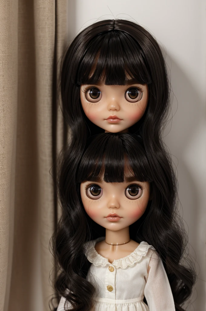 generate an image, of a blythe doll that has black hair, brown eyes, a little bit tanned and has curtain bangs