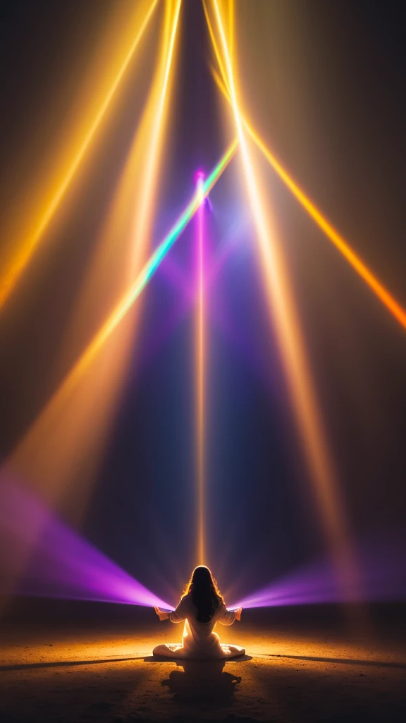 A mystical scene of a person bathed in divine light. A figure with long, wavy hair sits cross-legged in meditation, wearing a flowing purple robe. Their back is to the viewer. Above them, a brilliant, radiant light source emanates beams of golden and rainbow-hued light. The light forms a circular aura, with rays stretching down to envelop the person. The background is dark, enhancing the contrast with the luminous apparition. The overall atmosphere is one of spiritual awakening, transcendence, and connection to a higher power.
