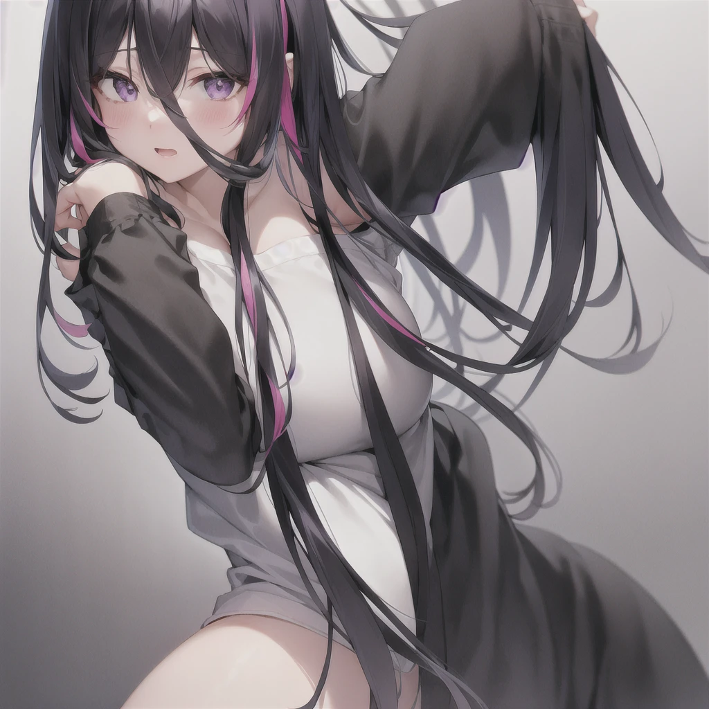 1girl, bangs, bare_shoulders, black_hair, blush, breasts, gradient, (gradient_background:1.34), grey_background, hair_between_eyes, hand_in_hair, large_breasts, long_hair, long_sleeves, looking_at_viewer, multicolored_hair, off_shoulder, open_mouth, pink_hair, purple_eyes, shirt, sidelocks, solo, streaked_hair, two-tone_hair, upper_body, white_shirt