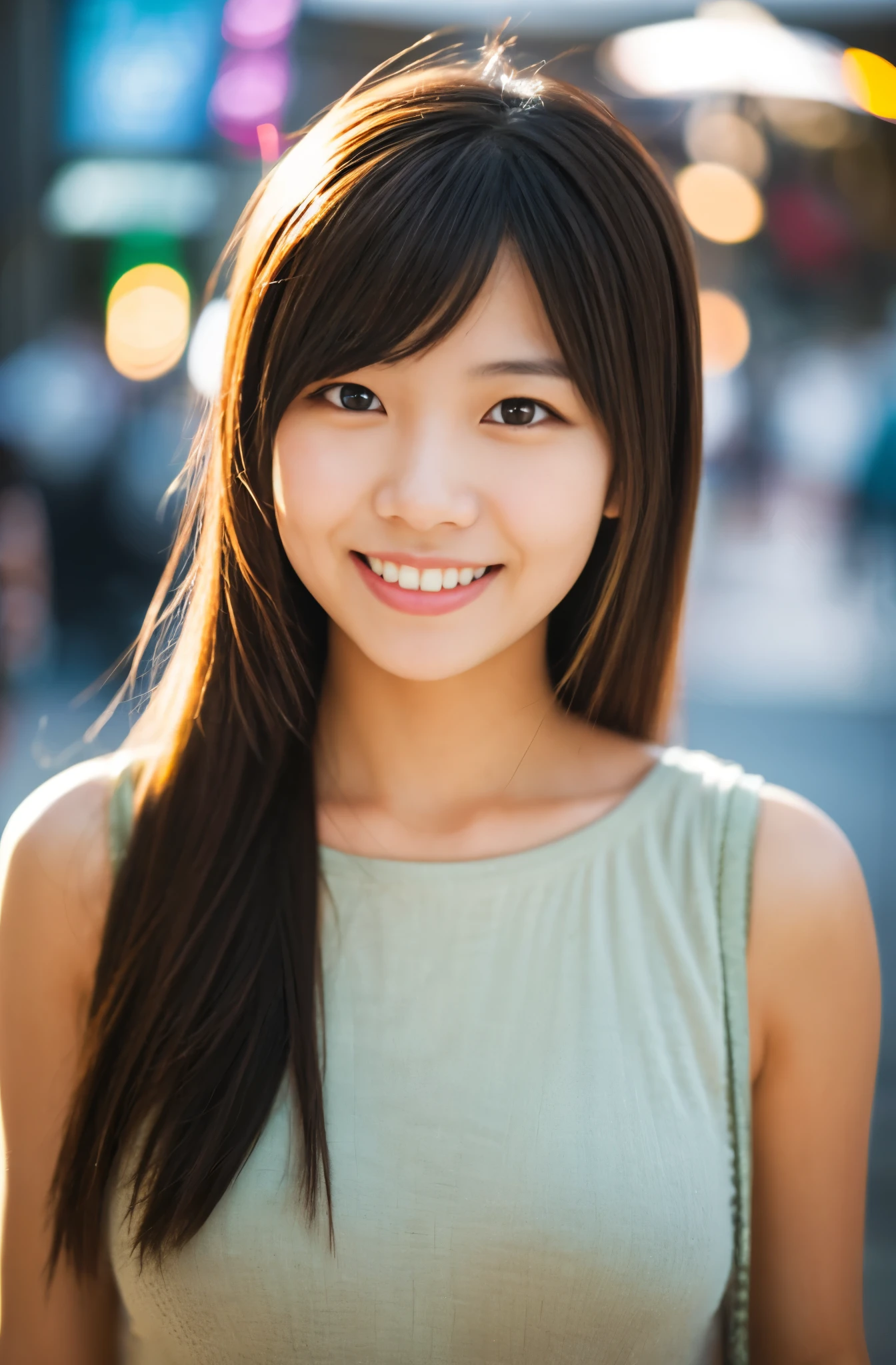 masterpiece,best quality,(Japanese girl),((Beautiful girl)),cleavage,(perfect body beauty:1.2),(shy smile),beautiful teeth,(Blurred background of brick buildings),