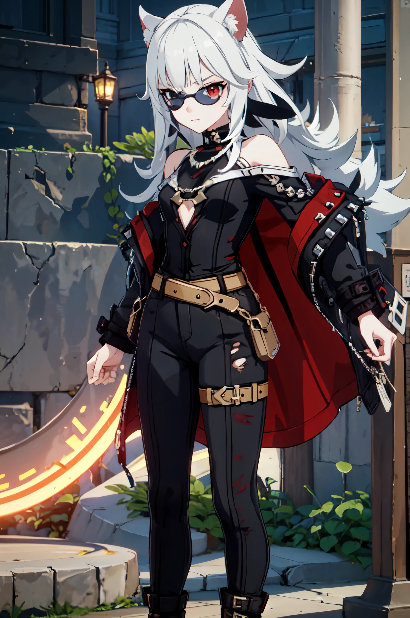 ultra detailed, masterpiece, best quality, solo, 1girl, red eyes, (tsurime:1.2), blunt bangs, white hair, long hair, straight hair, shoulder-length hair, female focus, coat, shirt, pants, studded belt, multiple belts, combat boots, torn clothes, necklace, black cape, black and red theme, popped collar, puppy ears, dog tail