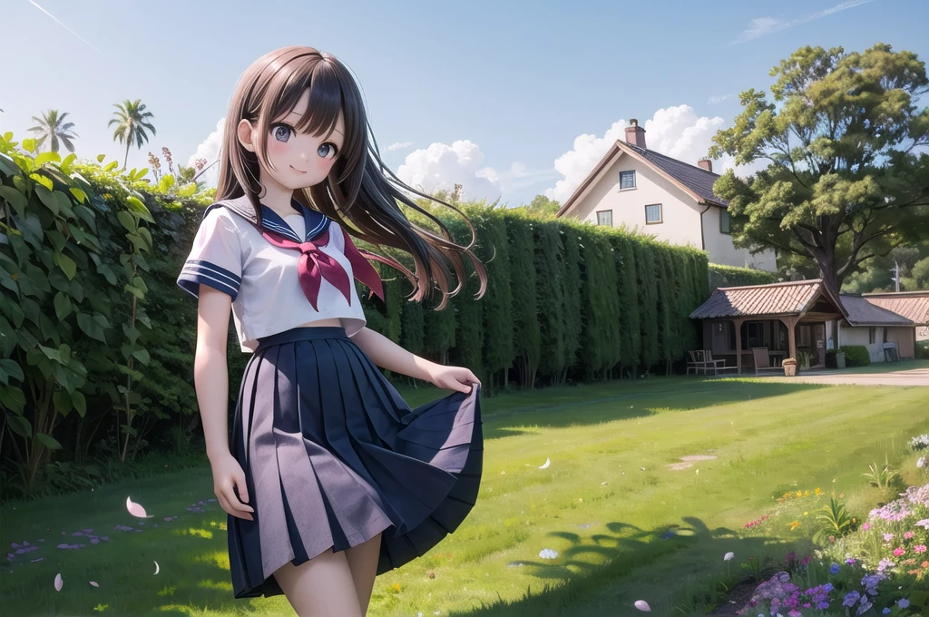 (masterpiece), town, blue sky, One Girl, smile, alone, Sailor suit、Long skirt, Overgrown, petal, plant、Skirt lining、Translucent slip、Nostalgic、Strong winds、Skirt fluttering in the wind