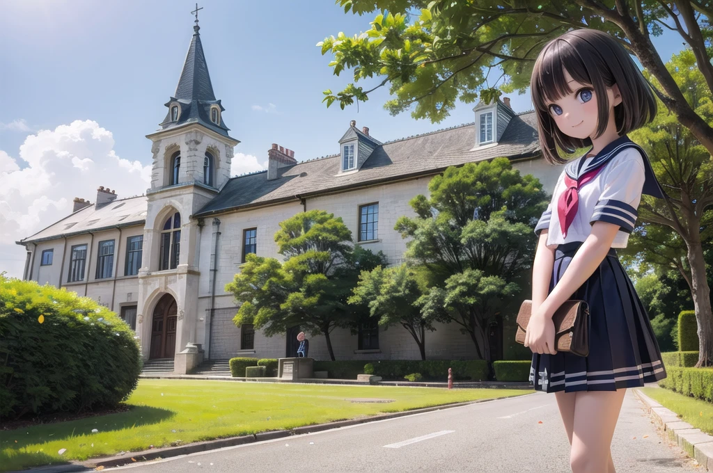 (masterpiece),  town,  blue sky,  One Girl,  smile,  alone,  Sailor suit、Long skirt,  Overgrown,  petal,  plant、Skirt lining、Translucent slip、Nostalgic、Strong winds、Skirt fluttering in the wind
