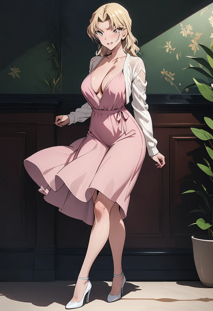 (best quality, masterpiece, solo:1.4),a beautiful female,full body,perfect figure,(blonde hair, pink dress, white lace cardigan, light high heels:1.3)