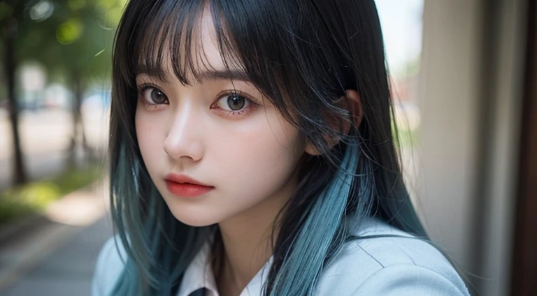 (Long Hair, bangs, Light blue hair:1.2),(Wear a blazer:1.2),1 girl,Japanese,21 years old,(Small breasts:1.3),(Highest quality,masterpiece:1.3,超A high resolution,),(Ultra-detailed,Caustics),(Photorealistic:1.4,RAW shooting,)Ultra-Realistic Capture,Very detailed,High resolution 16K human skin close-up。 Natural skin texture、,Pores、、It needs to be detailed enough to be easily identifiable。 Skin should be even-toned and healthy looking。 Use natural light and colour, Sad expression, Looking at the camera, Perfect dynamic composition, Outdoor