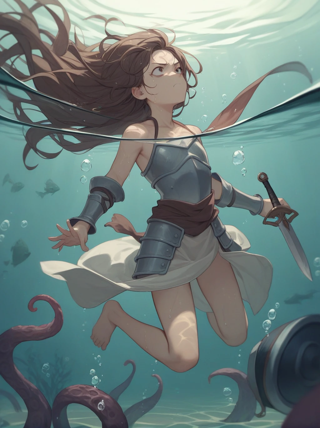 Partially underwater,最high quality,high quality, , Long Hair, Brown Hair, Wet Hair, Flat Chest,Dark underground labyrinth,No light,Cloth armor,Equipped with a dagger and a shield,Face above water,Body in water, Underwater Photography,The robe rolls up due to buoyancy,Painful face、My leg is pulled by tentacles、Being dragged into the water、Go wild