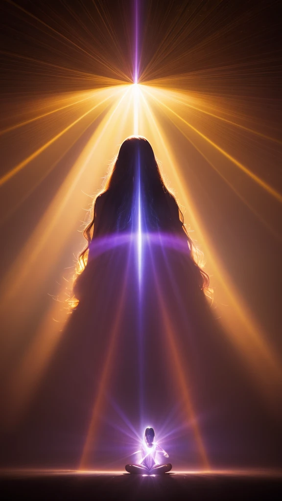A mystical scene of a person bathed in divine light. A figure with long, wavy hair sits cross-legged in meditation, wearing a flowing purple robe. Their back is to the viewer. Above them, a brilliant, radiant light source emanates beams of golden and rainbow-hued light. The light forms a circular aura, with rays stretching down to envelop the person. The background is dark, enhancing the contrast with the luminous apparition. The overall atmosphere is one of spiritual awakening, transcendence, and connection to a higher power.