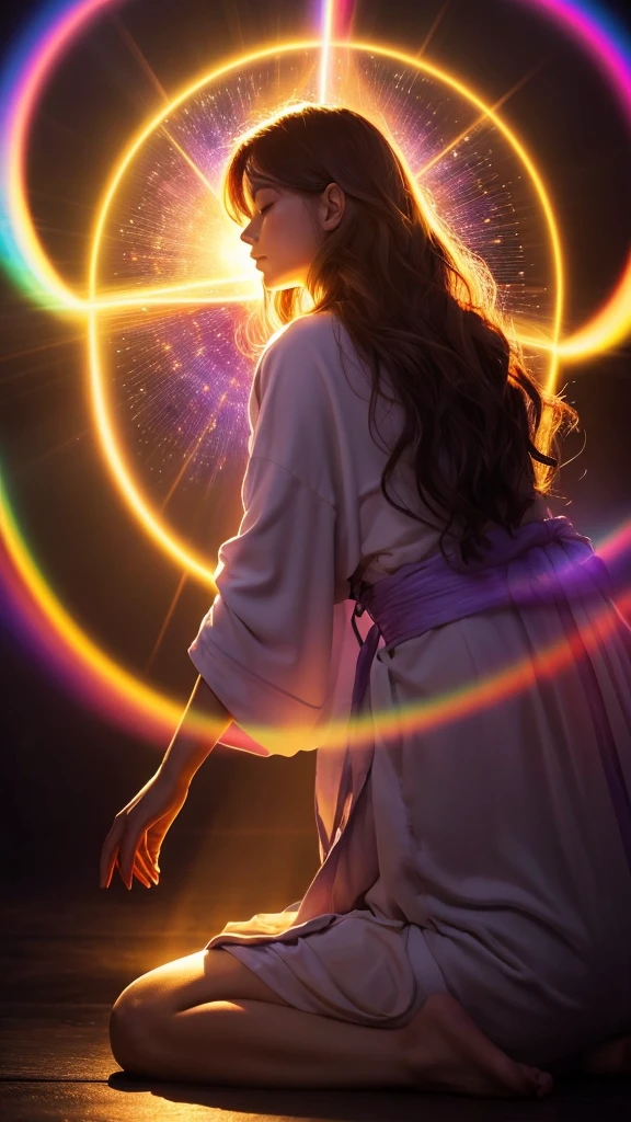A mystical scene of a person bathed in divine light. A figure with long, wavy hair sits cross-legged in meditation, wearing a flowing purple robe. Their back is to the viewer. Above them, a brilliant, radiant light source emanates beams of golden and rainbow-hued light. The light forms a circular aura, with rays stretching down to envelop the person. The background is dark, enhancing the contrast with the luminous apparition. The overall atmosphere is one of spiritual awakening, transcendence, and connection to a higher power.