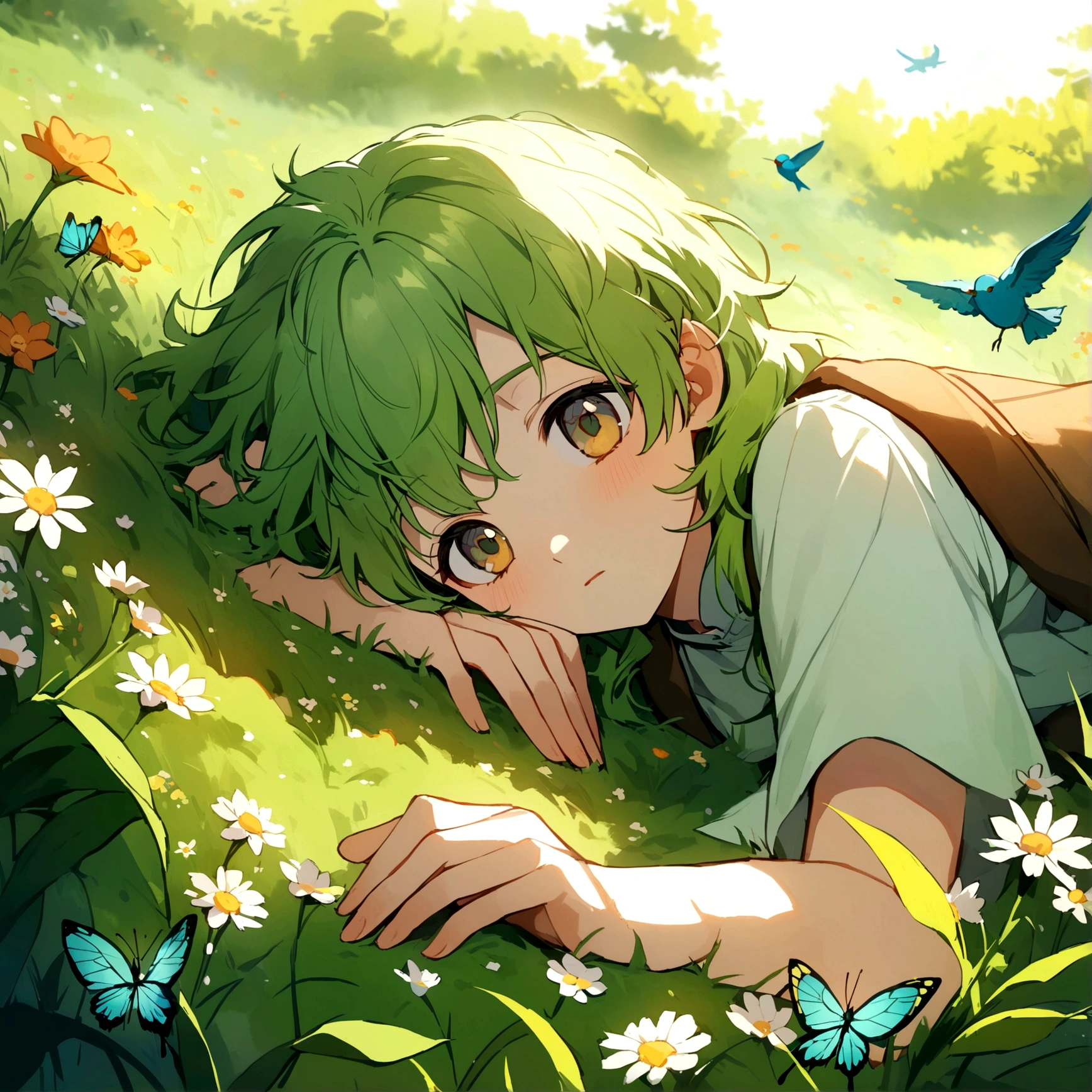 A nature-inspired anime boy with soft, green hair and delicate features, lying in a field of lush grass and wildflowers. The background includes playful butterflies and birds, enhancing the whimsical, peaceful vibe. hd quality