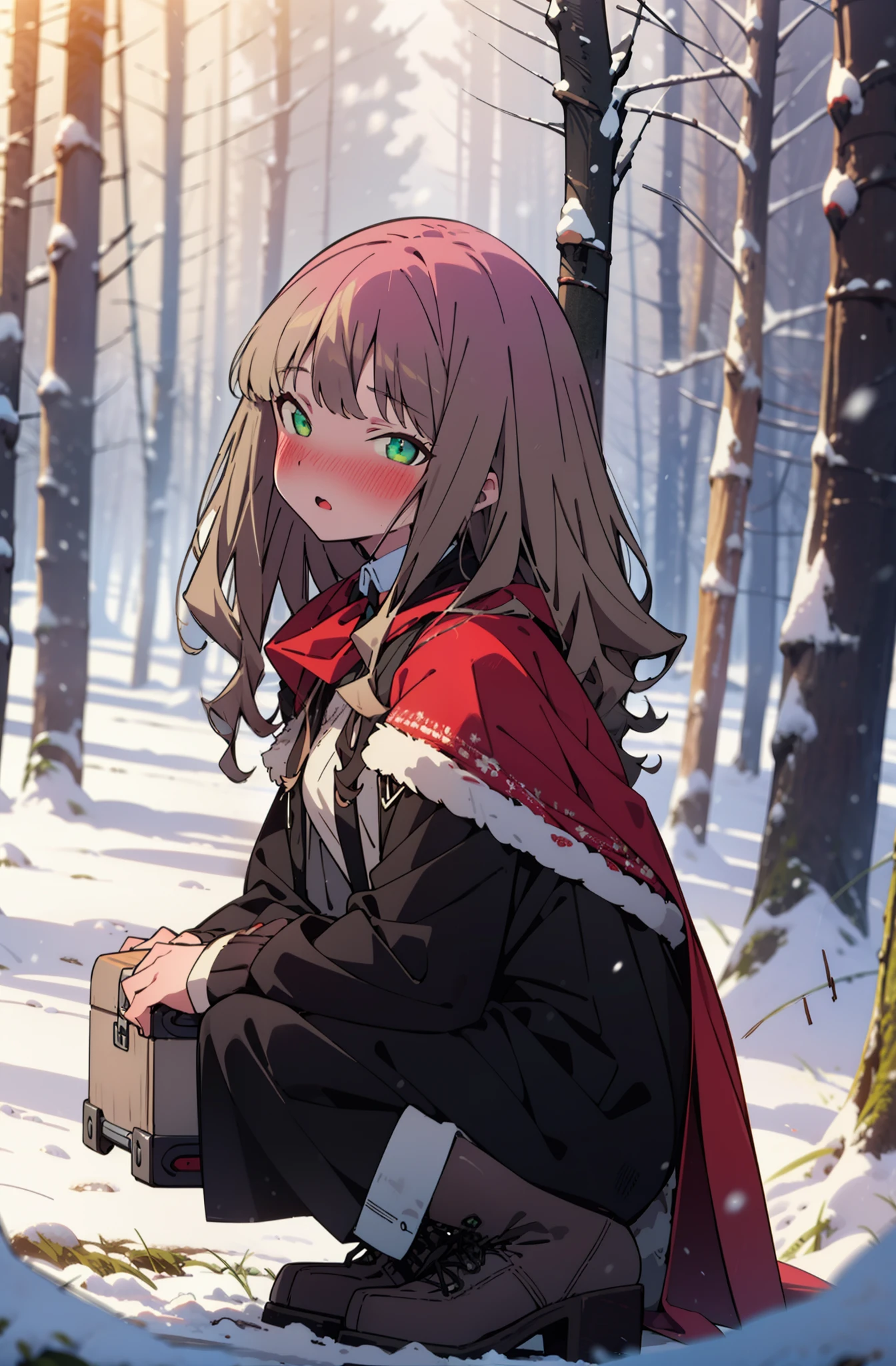 minami yume ,sss Dynazenon ,Long Hair, Brown Hair, (Green Eyes:1.5) ,blush,White Breath,
Open your mouth,snow,Ground bonfire, Outdoor, boots, snowing, From the side, wood, suitcase, Cape, Blurred, forest, White handbag, nature,  Squat, Mouth closed, Cape, winter, Written boundary depth, Black shoes, red Cape break looking at viewer, Upper Body, whole body, break Outdoor, forest, nature, break (masterpiece:1.2), Highest quality, High resolution, unity 8k wallpaper, (shape:0.8), (Beautiful and beautiful eyes:1.6), Highly detailed face, Perfect lighting, Highly detailed CG, (Perfect hands, Perfect Anatomy),