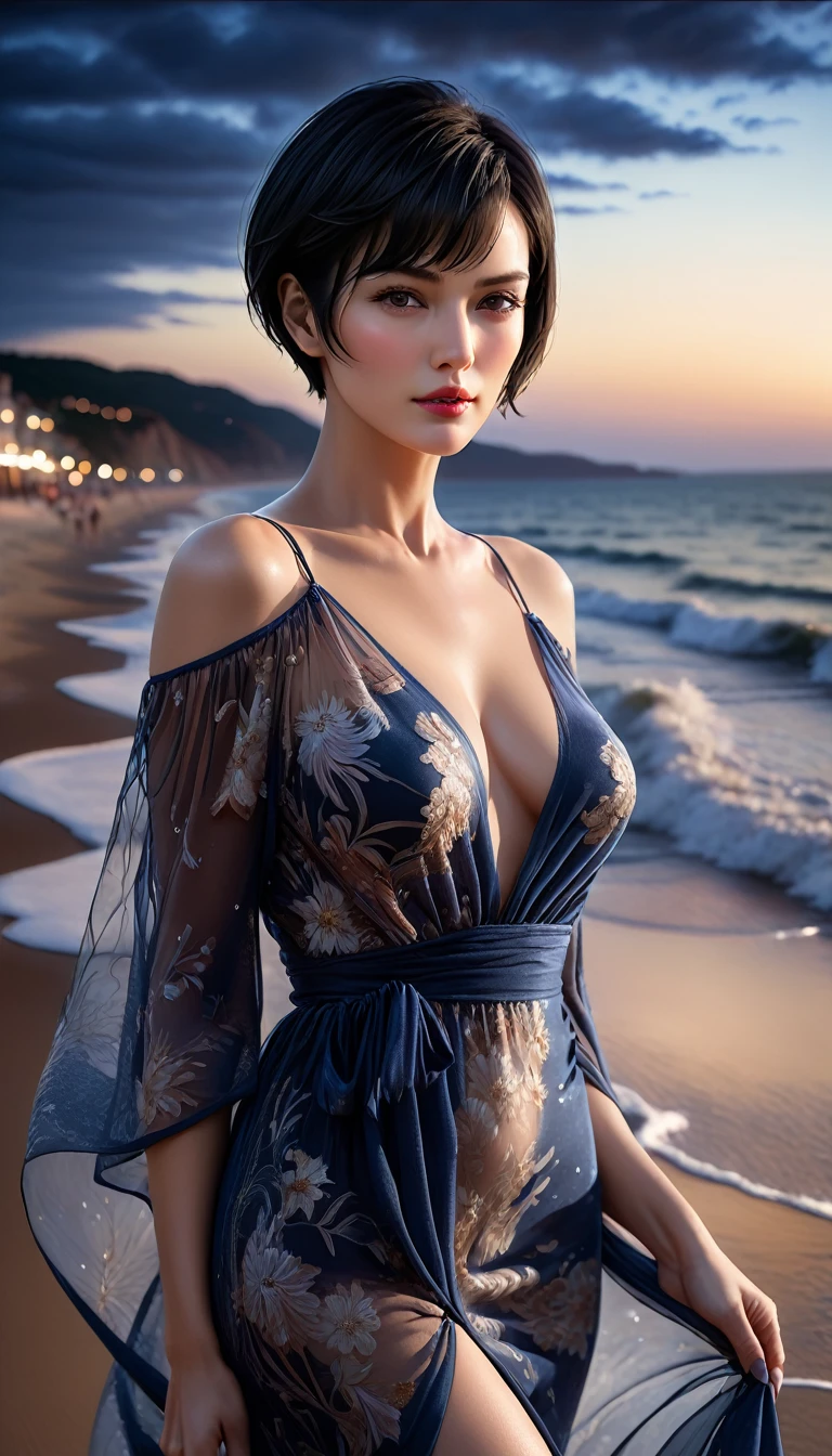 4K resolution,8K resolution,beautiful,Highest quality,Absolutely wonderful,Very detailed,Ultra-high resolution,masterpiece,Realistic,Realistic,Increased depth of field,Cinematic Light,
One elegant mature woman,
Very short black haircut,精巧なディテールのbeautiful顔,Moist eyes,Sensual look,Glossy skin make-up,Transparent white skin,Very sensitive skin,Great proportions,Glamorous Body,Anatomically correct body,
Summer Beach Dress,Summery design,Beautifully detailed pattern,Detailed cloth texture,
Romantic seaside scenery,Dark night sky,Coastline stretching to the horizon,Deserted beach,Dark sea surface,
Cinematic Angle,