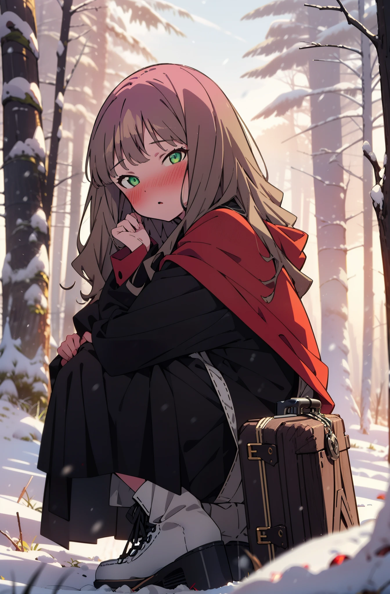 minami yume ,sss Dynazenon ,Long Hair, Brown Hair, (Green Eyes:1.5) ,blush,White Breath,
Open your mouth,snow,Ground bonfire, Outdoor, boots, snowing, From the side, wood, suitcase, Cape, Blurred, forest, White handbag, nature,  Squat, Mouth closed, Cape, winter, Written boundary depth, Black shoes, red Cape break looking at viewer, Upper Body, whole body, break Outdoor, forest, nature, break (masterpiece:1.2), Highest quality, High resolution, unity 8k wallpaper, (shape:0.8), (Beautiful and beautiful eyes:1.6), Highly detailed face, Perfect lighting, Highly detailed CG, (Perfect hands, Perfect Anatomy),