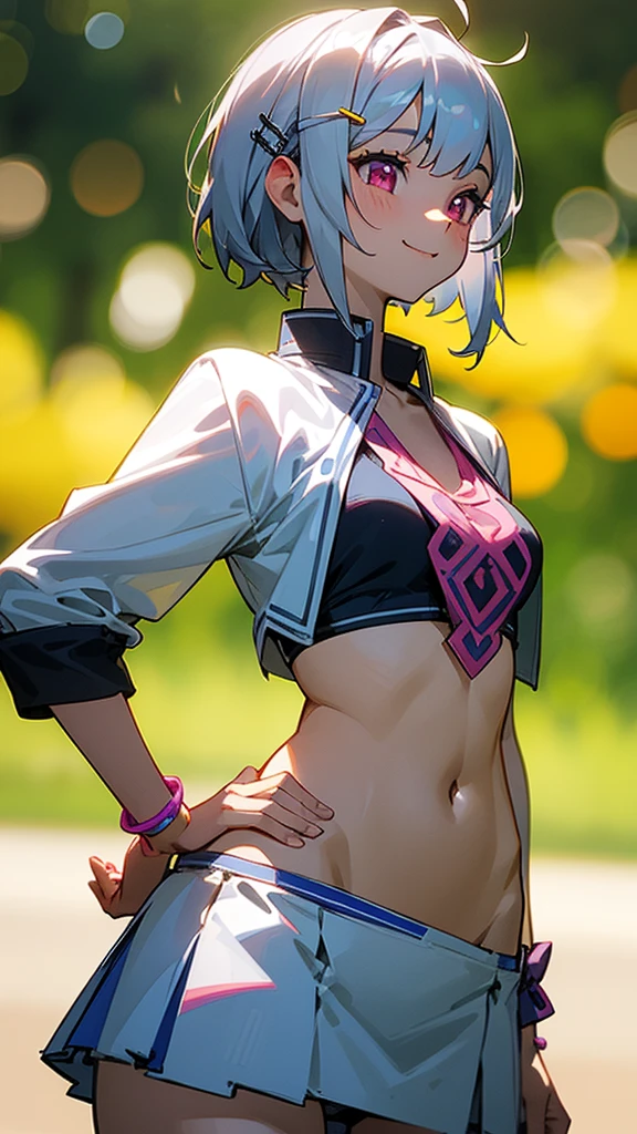 1 Girl、8K、Sharp focus、(Bokeh) (Highest quality) (Detailed skin:1.3) (Intricate details) (anime)、Silver short hair and bob hair、Tie your hair up with a hair clip、Pink Eyes、、(Please put your hands on your hips)、chest、Slim figure、bikini、A pareo skirt with bold ethnic patterns and plenty of primary colors、Realistic Skin、Shiny skin, Sunburned skin、Cowboy Shot、Side body、smile、smile、Park in the background、Soft lighting