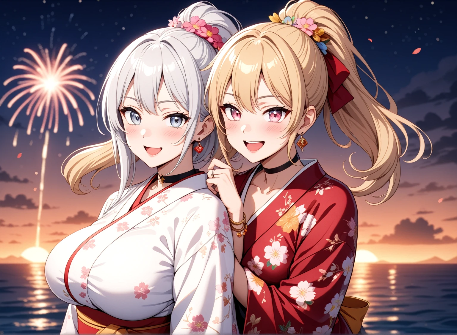 ((Two Women)), Beautiful Face, (Laughing embarrassedly), ((laugh)), ((Wink:1.8)), Laugh with your mouth wide open,((Bright red cheeks:1.4)),Shiny red lips, night,横浜のnight景,You can see the ocean, firework,,Glossy pink lips,Facial lighting,((Anime style background)),masterpiece, Highest quality, so beautiful,up to date, Complex details, (4fingers and 1thumbs), (Pink long nails), (ring),(bracelet),(choker),AI-generated, Complex,High resolution, Highest quality, super high quality,3D Images、3D Images,One person,Long white hair,Blonde Hair, High Ponytail,(blue eyes),Anime woman posing for a photo, ((Fine grain、Silvery white eyes、Shining Eyes:1.4)), (Squint your eyes:1.1),a hyperRealistic , hyperRealistic , Realistic,Anime woman with long white hair, Smooth anime CG art, A woman in a colorful kimono with gold embroidery, (Black long sleeve kimono),(Pink long sleeve kimono), Red floral pattern,Long flower hair ornament,Earrings,Mature Body,(Big Breasts:1.1),Tall,Abdominal muscles,Narrow waist,(Zoom up to face), ((hug from behind)),