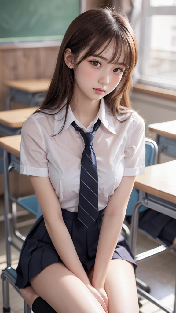 (Showing on panties:1.2), (Professional portrait, Realistic and perfectly shaped subjects:1.3), (masterpiece, highest quality:1.2), (Realistic, Ultra-realistic, Realistic:1.3), (ultra High resolution), High resolution, Intricate details, Super detailed, (Highly detailed CG, unity 8k wallpaper:1.3), Clear image,
break
(1 Japanese girl, ), (cute, Slender figure), (Perfect Anatomy, Correct limbs:1.2), (Perfect hands), Perfect Arms, Beautiful and delicate face down to the last detail, Beautiful and delicate eye and eye highlights, (Very thin and delicate、not too long lashes), (Captivating eyes, Beautifully detailed eyes and face), light makeup, Pink Lip, Lip gloss, Stylish face, (Shiny skin, Realistic skin detail), Brown Hair, medium chest
break
((school uniform)), (High school girl), (Black socks), shirt open
break
classroom, Sitting in a chair, (Cowboy Shot), break
(((blush:1.4))), ((Embarrassing:1.4)), (((shy:1.5)))
break
from below
break