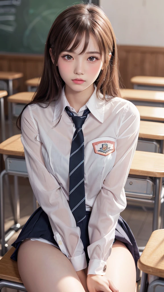(Showing on panties:1.2), (Professional portrait, Realistic and perfectly shaped subjects:1.3), (masterpiece, highest quality:1.2), (Realistic, Ultra-realistic, Realistic:1.3), (ultra High resolution), High resolution, Intricate details, Super detailed, (Highly detailed CG, unity 8k wallpaper:1.3), Clear image,
break
(1 Japanese girl, 16 years old), (cute, Slender figure), (Perfect Anatomy, Correct limbs:1.2), (Perfect hands), Perfect Arms, Beautiful and delicate face down to the last detail, Beautiful and delicate eye and eye highlights, (Very thin and delicate、not too long lashes), (Captivating eyes, Beautifully detailed eyes and face), light makeup, Pink Lip, Lip gloss, Stylish face, (Shiny skin, Realistic skin detail), Brown Hair, medium chest
break
((school uniform)), (High school girl), (Black socks), shirt open
break
classroom, Sitting in a chair, (Cowboy Shot), break 
(((blush:1.4))), ((Embarrassing:1.4)), (((shy:1.5)))
break
from below
break