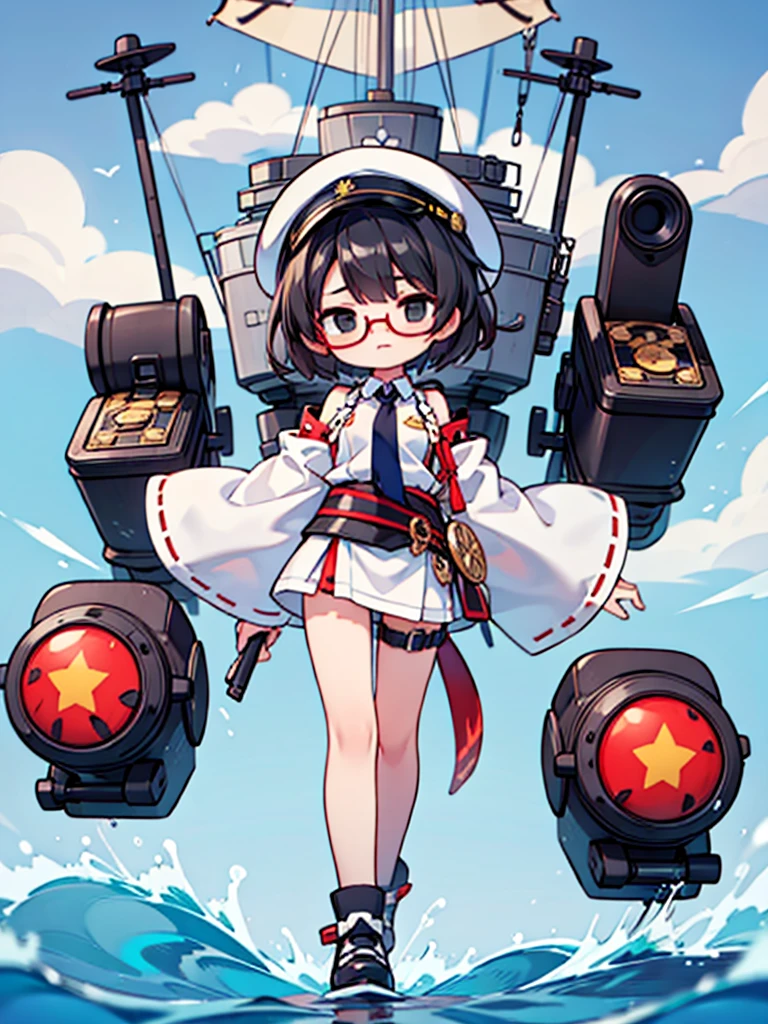 ((((Full body of a woman with perfect flat chest、solo、Short unkempt black hair、Tie your messy hair at the nape of your neck、white military jacket、Miko costume、tights、Black glasses、White military cap、Cloudy black eyes、Sleepy expression、Falcon Hair Accessories、Eagle hair accessory)))), (((masterpiece))), (((Shipgirl))), ((Floating on the morning sea with both feet)), (Spread your legs wide open), (Hold the turret with your right hand), (Mechanical arms extending from the waist are used to equip the ship with battleship equipment.), (Equipped with a turret on the back), (Holds the turret with his left arm), Shotgun shells are attached to the thigh with a belt, Spreading the Machine&#39;s Wings, Machine tail,  Holding a shotgun, Nipple masturbation,  Tentacle masturbation