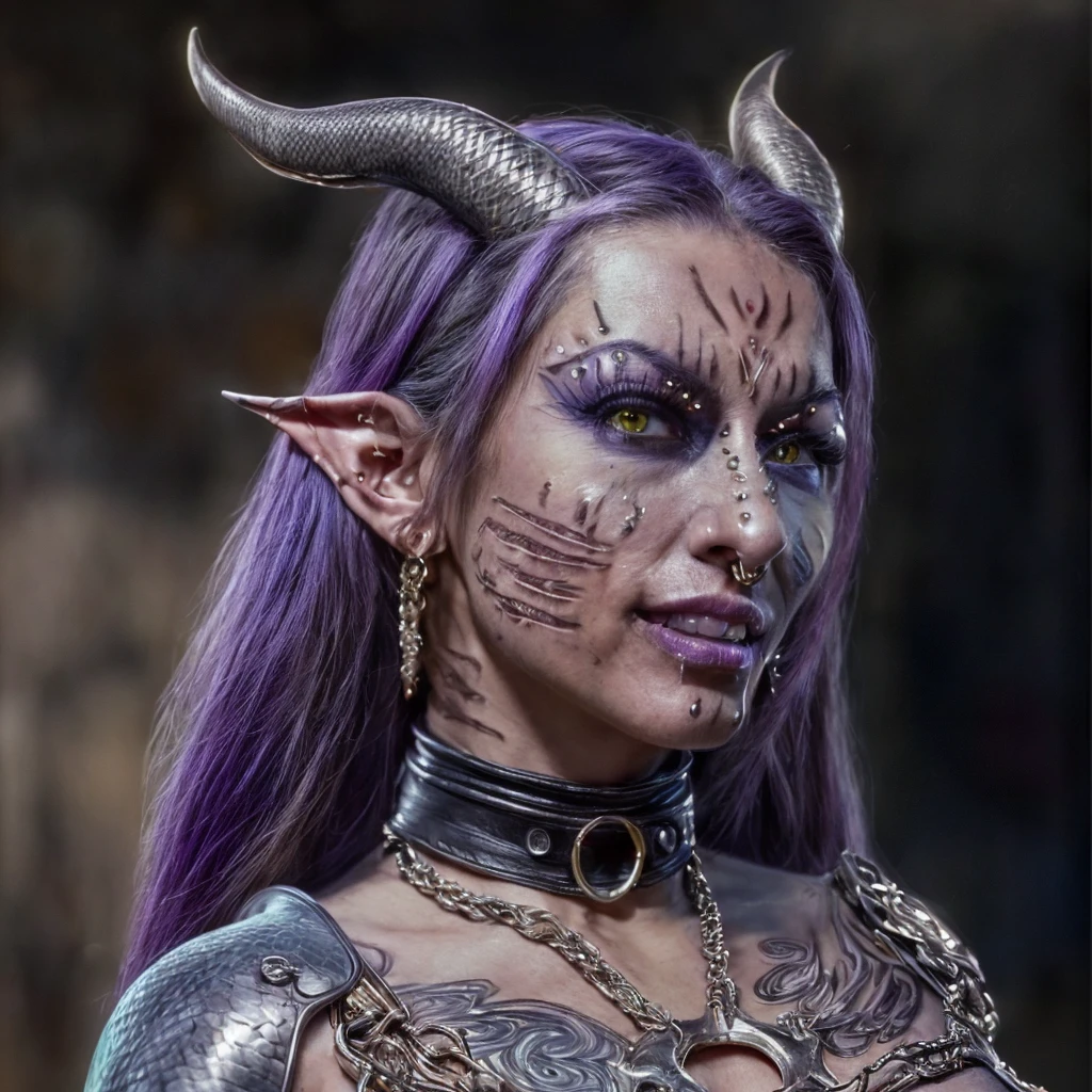 (masterpiece)+, (extremely (realistic)+,a portrait of an beautiful young female tiefling wizard, Long purple hair, horns, yellow snake-like eyes. Smirk, Piercing, Cuts and wounds, Scars, Shrewd stare. Looking in camera. volumetrics dtx, Photorealistic, ultra detailed, Artstation trending, very very detailed, realistic shaded lighting, dynamic shadows, detailed Brick wall background, upper body, professional photograph of a detailed skin, sharp focus, dramatic, award winning, cinematic lighting, octane render, unreal engine, volumetrics dtx, Photorealistic, ultra detailed, Artstation trending, very very detailed, hyperrealistic, fine details, realistic shaded lighting, dynamic shadows, Brick wall background, add_detail:1, skin pores and wrinkles, details.,More Reasonable Details

