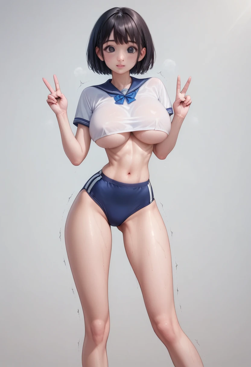 (masterpiece, best quality:1.2), realistic, High contrast, behind shot, 1girl, kawaii, (super big breasts, micro waist, very long legs:1.3), Black hair, short bob hair, short height, scrawny and thin body, Light Skin, cute big eyes, cute beautiful thin face, school gym buruma, pigeon-toed, wet and sweaty, visible ribs, V sign, Trembling