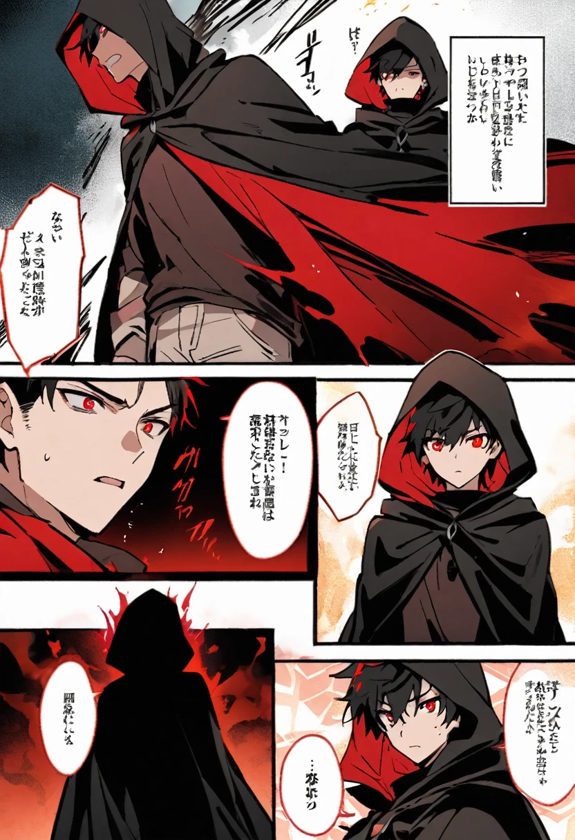 comic, a teenage boy character with black hair, crimson eyes. he wore a black cloak with a hood covering his head. he had a dangerous power, a blood red aura around him. 