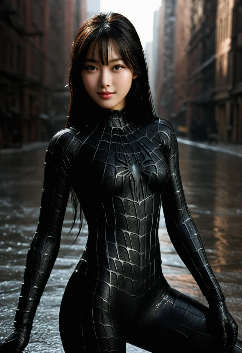 score_9, score_8_up, score_7_up, best quality, realistic, masterpiece, beautiful detail, hyperrealistic, (1girl, woman body, smile), big breasts, amazing detailed full body portrait of a beautiful ulzzang girl, wearing a realistic and highly detailed black raimi spider-man suit, ((huge muscular girl)), professional model wears ultra - detailed black raimi spider - man suit, ultra - detailed and grained black raimi spiderman suit, suit covered entire body and hand, black spiderman gloves, wet, (seductive pose), (full body), (dirty skin), close up, octane render, highly detailed, volumetric, dramatic lighting, (highest quality:1.1), (HDR:1.3), (top quality, best quality), realistic, high definition,