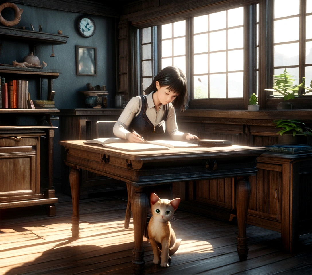 a girl studying at dusk, wooden floor with kitten on the table, eerie atmosphere, book movement, light "snow outside the window" falling, cinematic lighting, mystical, atmospheric, 3D rendering, high details, trends on ArtStation , 4K resolution, ultra-defined detailed pixel