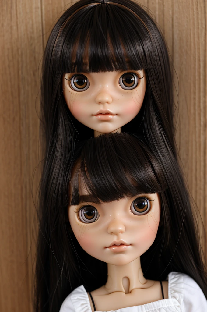 generate an image, of a blythe doll that has black straight hair, brown eyes, a little bit tanned and has side bangs