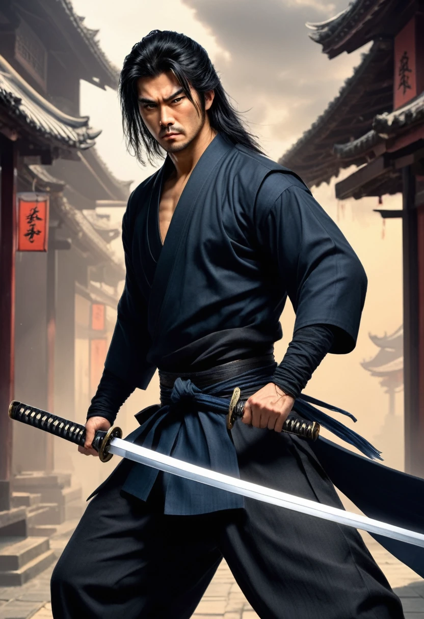 Ultra-fine,1male standing, (One hand holding a katana), (clothes, pants and shoes like a futuristic samurai), mature male, /(long black hair tied up/) bangs, cool expression, (serious look:0.5), fighting, evade, Dodge, actual, dignified, (masterpiece best quality:1.2) delicate illustration ultra-detailed, medium chest BREAK (holding (katana sword:1.2)), (blade shimmering), (holding sword sheath) BREAK, background full white