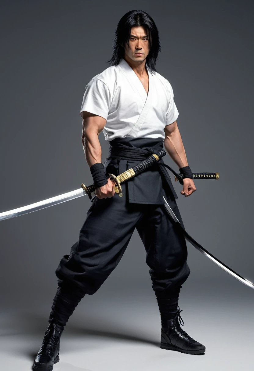 Ultra-fine，1male standing, (One hand holding a katana), (clothes, pants and shoes like a futuristic samurai), mature male, /(long black hair tied up/) bangs, cool expression, (serious look:0.5), fighting, evade, Dodge, actual, dignified, (masterpiece best quality:1.2) delicate illustration ultra-detailed, medium chest BREAK (holding (katana sword:1.2)), (blade shimmering), (holding sword sheath) BREAK, background full white
