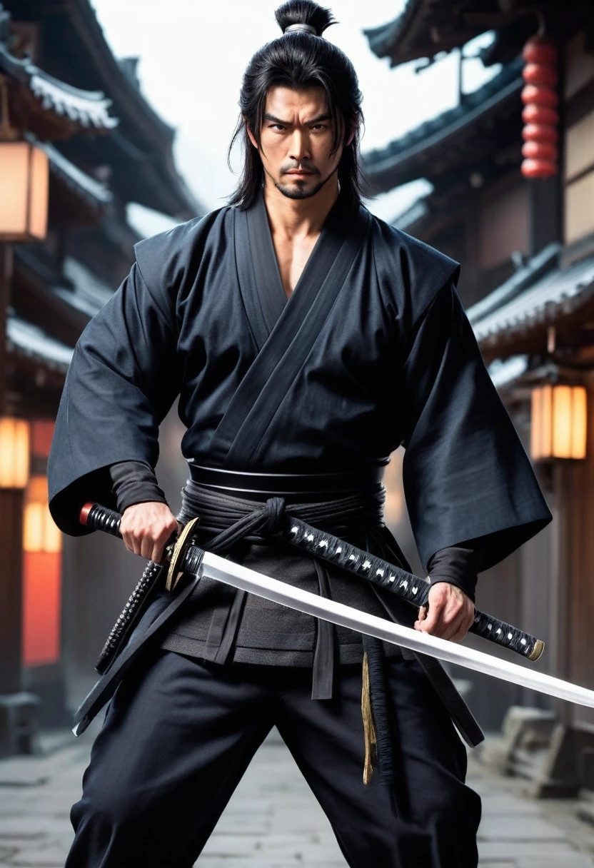 Ultra-fine，1male standing, (One hand holding a katana), (clothes, pants and shoes like a futuristic samurai), mature male, /(long black hair tied up/) bangs, cool expression, (serious look:0.5), fighting, evade, Dodge, actual, dignified, (masterpiece best quality:1.2) delicate illustration ultra-detailed, medium chest BREAK (holding (katana sword:1.2)), (blade shimmering), (holding sword sheath) BREAK, background full white
