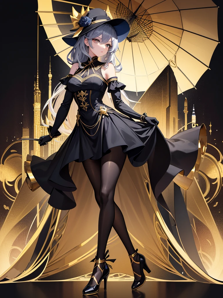 1 tall girl, long gold curly hair, black cloche hat with dark blue rose and gold ribbon, silver eyes, dark blue dress with white inside and gold designs outside, long black gloves with gold ribbon tied around near shoulder, black leggings, high heel shoes with ribbon at the back of the shoes, carrying a gold and black color combination umbrella, night city, absurdness, high res, ultrasharp, 8k, masterpiece, looking at viewer