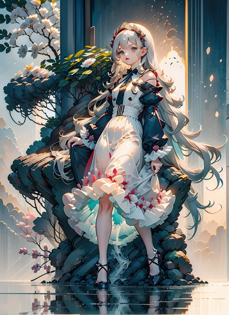 (Extremely delicate and beautiful:1.5),A Russian girl in her early 20s with ash grey hair, standing on your feet, solo, full body,Sweet face,Light smile,By bangs, Gemstone eyes, Contre-Jour,Long curly hair, Black-othic-ta dress, Keep one's mouth shut, seen from the side, lanterns, light particules, longer sleeves, looking at viewert,pink bows, The background is filled with seven colors, The face is dense((must)), Masterpiece