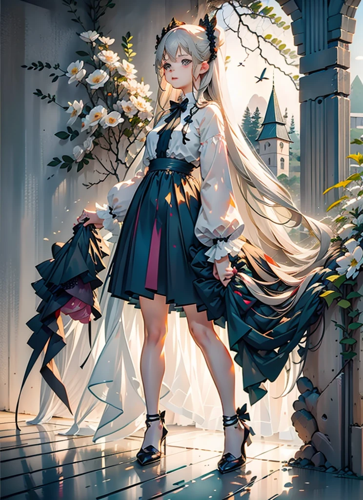 (Extremely delicate and beautiful:1.5),A Russian girl in her early 20s with ash grey hair, standing on your feet, solo, full body,Sweet face,Light smile,By bangs, Gemstone eyes, Contre-Jour,Long curly hair, Black-othic-lolita dress, Keep one's mouth shut, seen from the side, lanterns, light particules, longer sleeves, looking at viewert,pink bows, The background is filled with seven colors, The face is dense((must)), Masterpiece