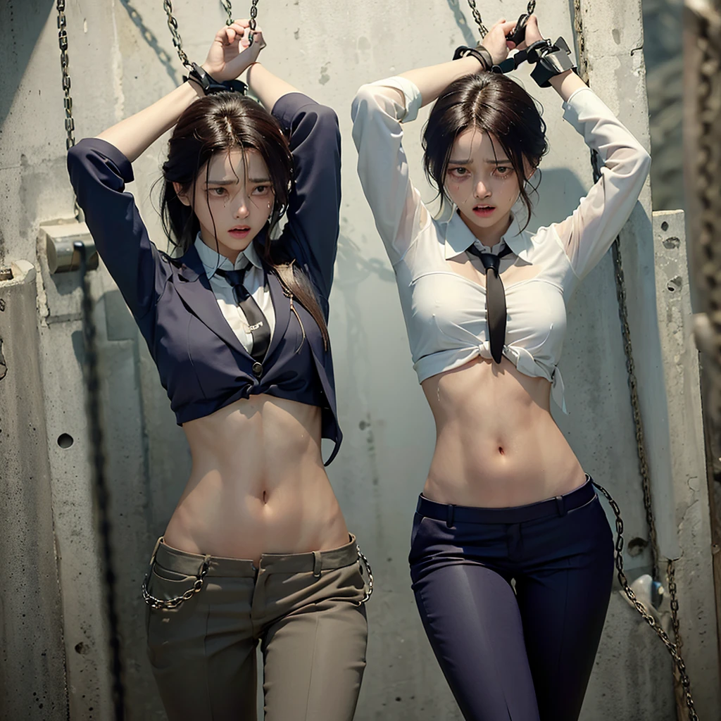 Women in Professional crop top suit, pants, walking to work, show belly, realistic bellybutton shape, necktie, ((tied up by chain,arms up,)), ((crying)),