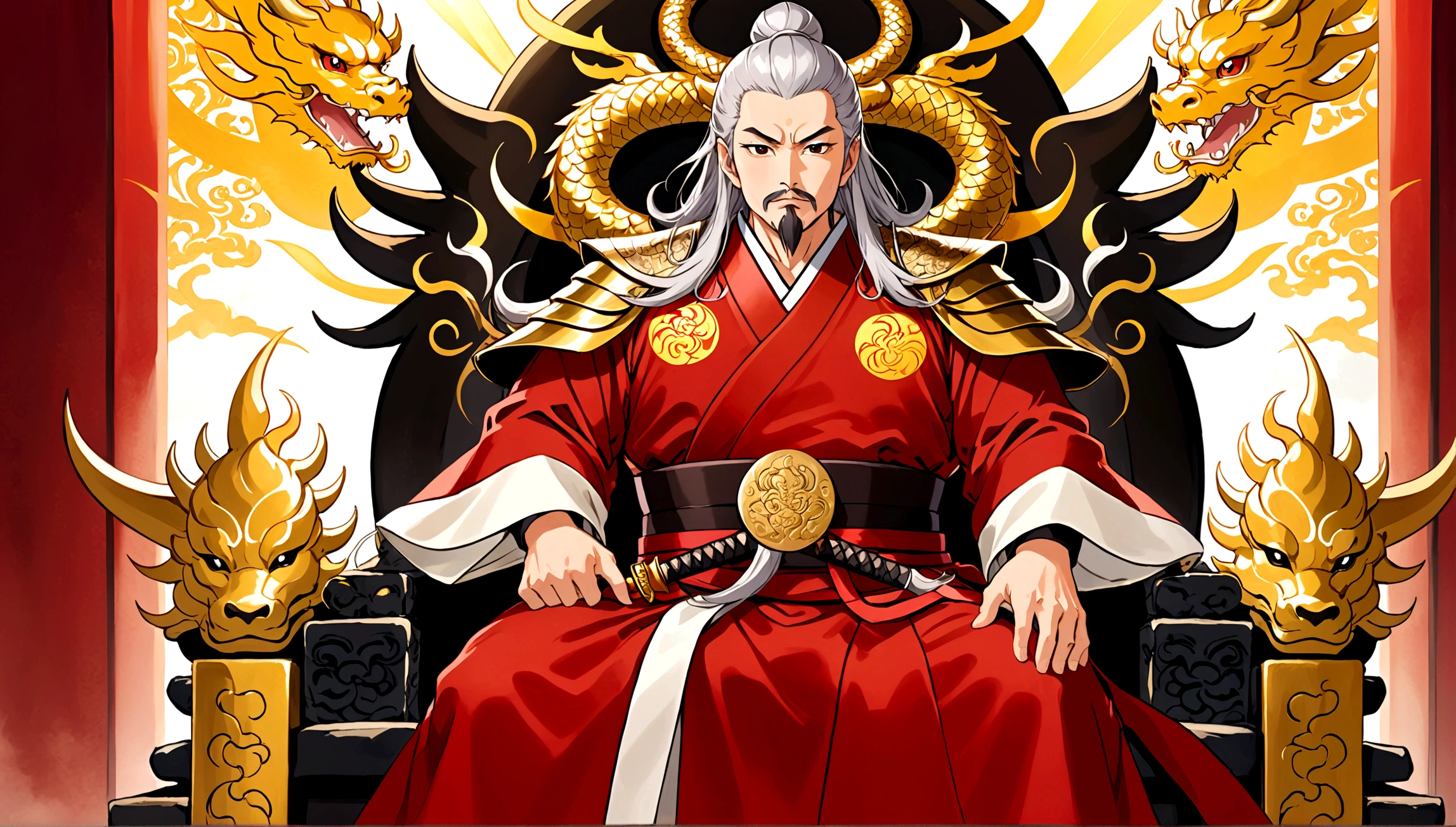 2 men,A dignified middle-aged man，long silver hair，Thick eyebrows長須，Shirasu Chocho，Wearing a golden robe with dragon patterns，Sitting on a gorgeous throne。A muscular middle-aged man，short hair、Thick eyebrows、short beard，Wearing a red belt。Armor with sun symbol，Holding a golden sword，Stand before the throne.