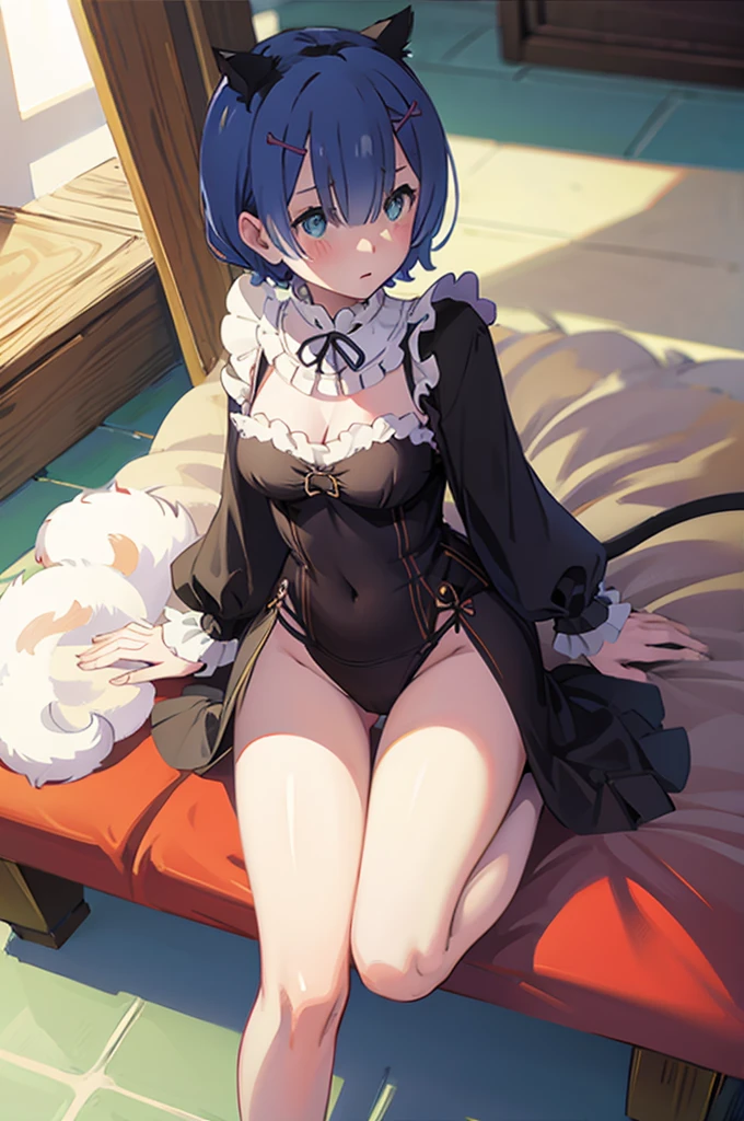 エロいcat&#39;sコスプレ、Cat ear、cat cosplay、short hair、On all fours、Cute underwear、Embarrassed、Light blue hair、White bra、White panties、Lie down on the bed、Blushing、cat&#39;s
