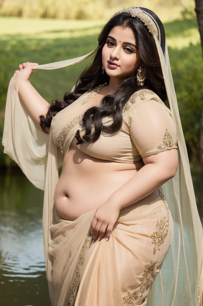 1 Heavenly beautiful and goddess beauty cute and sweet looking face Arabian woman in front of village pond, Heavenly beautiful Overweight, Heavenly beautiful Extremely fat, Heavenly beautiful and attractive Chubby figure , Heavenly beautiful looking and eye catching luxury style saree , reaching out, Heavenly beautiful Arabian woman, 16k, High resolution, masterpiece, highest quality, fine skin, close up figure view, Realistic Photograph