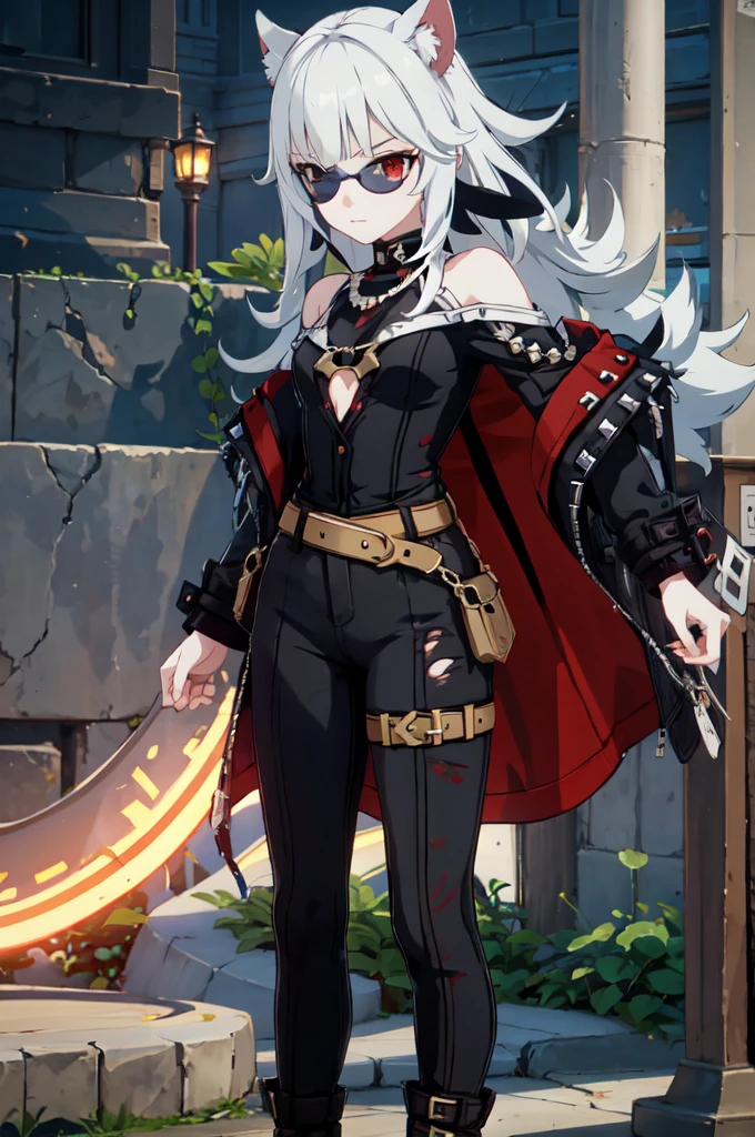 ultra detailed, masterpiece, best quality, solo, 1girl, red eyes, (tsurime:1.2), blunt bangs, white hair, long hair, straight hair, shoulder-length hair, female focus, coat, shirt, pants, studded belt, multiple belts, combat boots, torn clothes, necklace, black cape, black and red theme, popped collar, puppy ears, dog tail