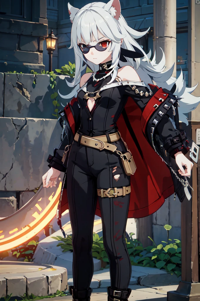 ultra detailed, masterpiece, best quality, solo, 1girl, red eyes, (tsurime:1.2), blunt bangs, white hair, long hair, straight hair, shoulder-length hair, female focus, coat, shirt, pants, studded belt, multiple belts, combat boots, torn clothes, necklace, black cape, black and red theme, popped collar, puppy ears, dog tail