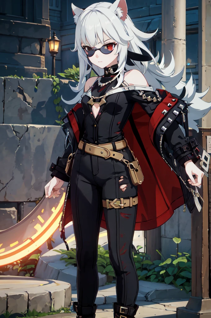 ultra detailed, masterpiece, best quality, solo, 1girl, red eyes, (tsurime:1.2), blunt bangs, white hair, long hair, straight hair, shoulder-length hair, female focus, coat, shirt, pants, studded belt, multiple belts, combat boots, torn clothes, necklace, black cape, black and red theme, popped collar, puppy ears, dog tail