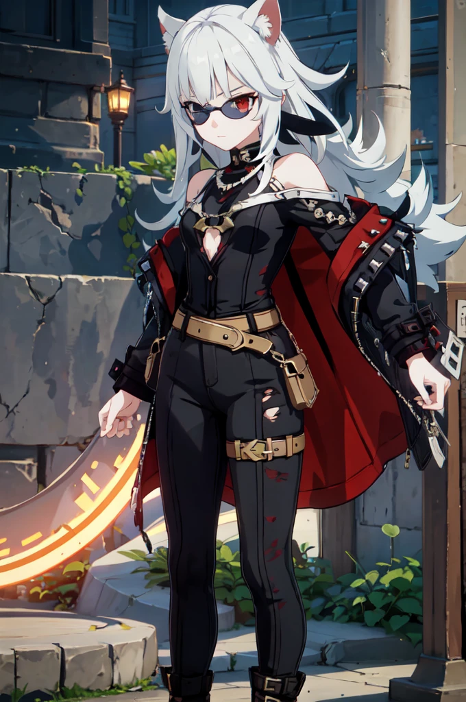 ultra detailed, masterpiece, best quality, solo, 1girl, red eyes, (tsurime:1.2), blunt bangs, white hair, long hair, straight hair, shoulder-length hair, female focus, coat, shirt, pants, studded belt, multiple belts, combat boots, torn clothes, necklace, black cape, black and red theme, popped collar, puppy ears, dog tail