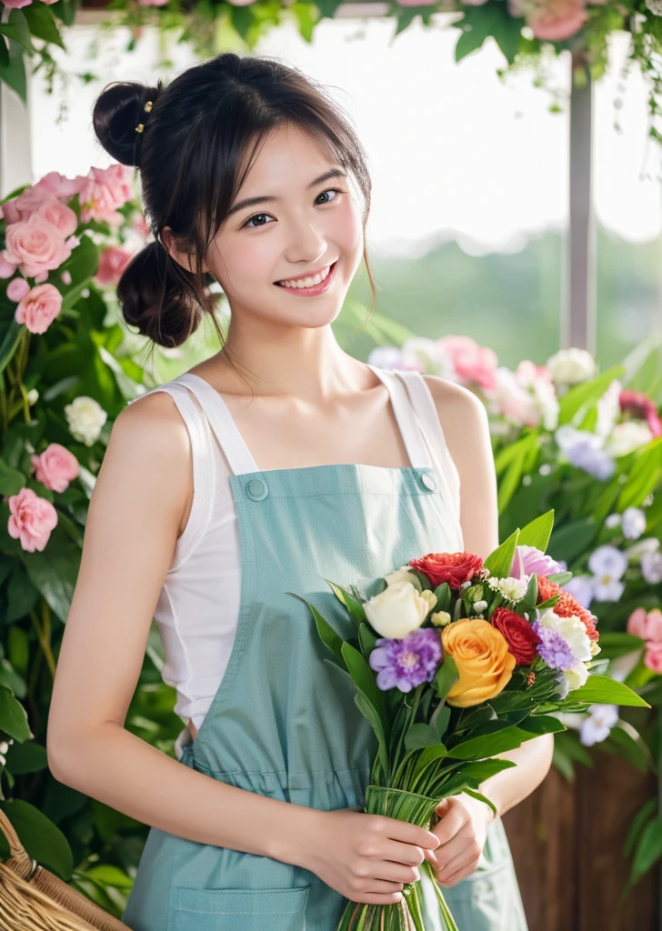 (Realistic, photo-Realistic:1.37),(8K, RAW Photos, Highest quality, masterpiece:1.2), cute, Ultra-detailed, 超High resolution, Kodak Vision Color, Filmed with an Arricam LT camera,Highest quality, Lively, 8K, High resolution, 1 girl, Escape, (Professional Lighting), (Portraiture:0.6), Black Hair, (Medium Hair),22 years old、おFloristさん、Wear an apron、With a basket of flowers、Florist、Surrounded by lots of flowers、smile、Bun Head、Upper Body、