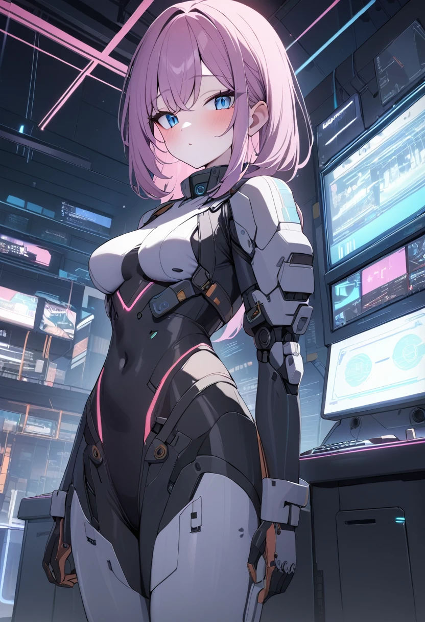 best quality, 1girl, solo,[pink hair | purple hair],blue eyes,(cyberpunk clothes),(mechanical clothes),[dynamic_angle],front view,star_trail,beautiful detailed glow,(sci-fi),(display),neon,(console:1.3),sci-fi city,masterpiece, newest, absurdres, safe