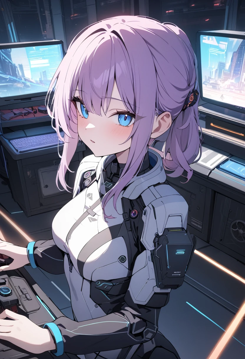 best quality, 1girl, solo,[pink hair | purple hair],blue eyes,(cyberpunk clothes),(mechanical clothes),[dynamic_angle],front view,star_trail,beautiful detailed glow,(sci-fi),(display),neon,(console:1.3),sci-fi city,masterpiece, newest, absurdres, safe