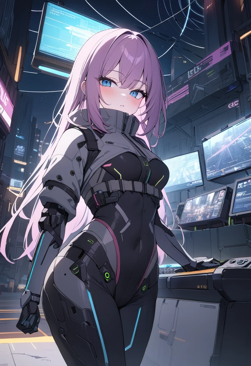 25 year old woman, best quality, super fine, 16k, incredibly absurdres, extremely detailed, delicate and dynamic, (purple eyes), (ponytail with gradient from white to purple at the ends), background analyzer room lab, various image effects, bodysuit, looking back at viewer, soldier