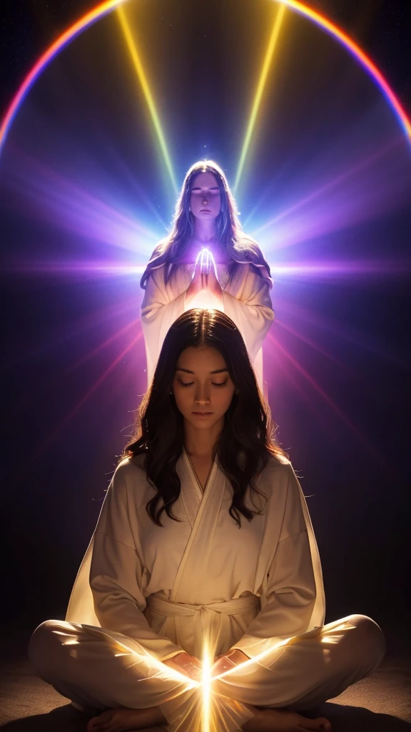 A mystical scene of a person bathed in divine light. A figure with long, wavy hair sits cross-legged in meditation, wearing a flowing purple robe. Their back is to the viewer. Above them, a brilliant, radiant light source emanates beams of golden and rainbow-hued light. The light forms a circular aura, with rays stretching down to envelop the person. The background is dark, enhancing the contrast with the luminous apparition. The overall atmosphere is one of spiritual awakening, transcendence, and connection to a higher power.
