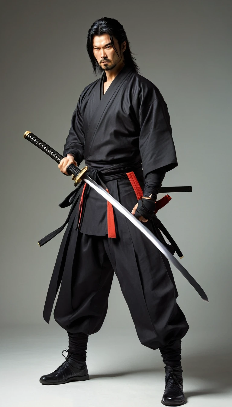 Ultra-fine,1male standing, (One hand holding a katana), (clothes, pants and shoes like a futuristic samurai), mature male, /(long black hair tied up/) bangs, cool expression, (serious look:0.5), fighting, evade, Dodge, actual, dignified, (masterpiece best quality:1.2) delicate illustration ultra-detailed, medium chest BREAK (holding (katana sword:1.2)), (blade shimmering), (holding sword sheath) BREAK, background full white