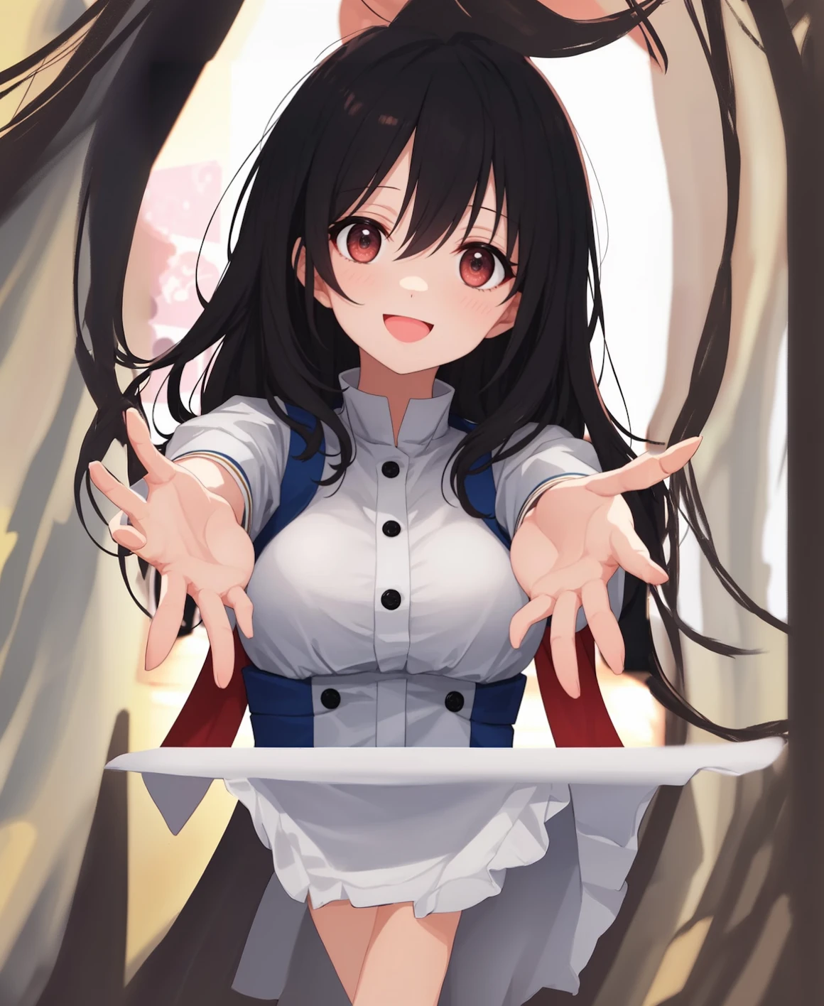 best quality, amazing intricate, cute girl, round eyes, dropping eyes, medium breast, 
:d, black hair, (outstretched hand:1.1), on a catwalk, 
(looking at viewer:1.2), 
long hair, hime cut, 
, 
, 
, 
, 
, 
, 
(saint dress:1.6), 
from front, (face only close up:1.4), back light